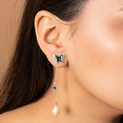 ARETES 2 EN 1 MARIPOSA CON PERLA NATURAL